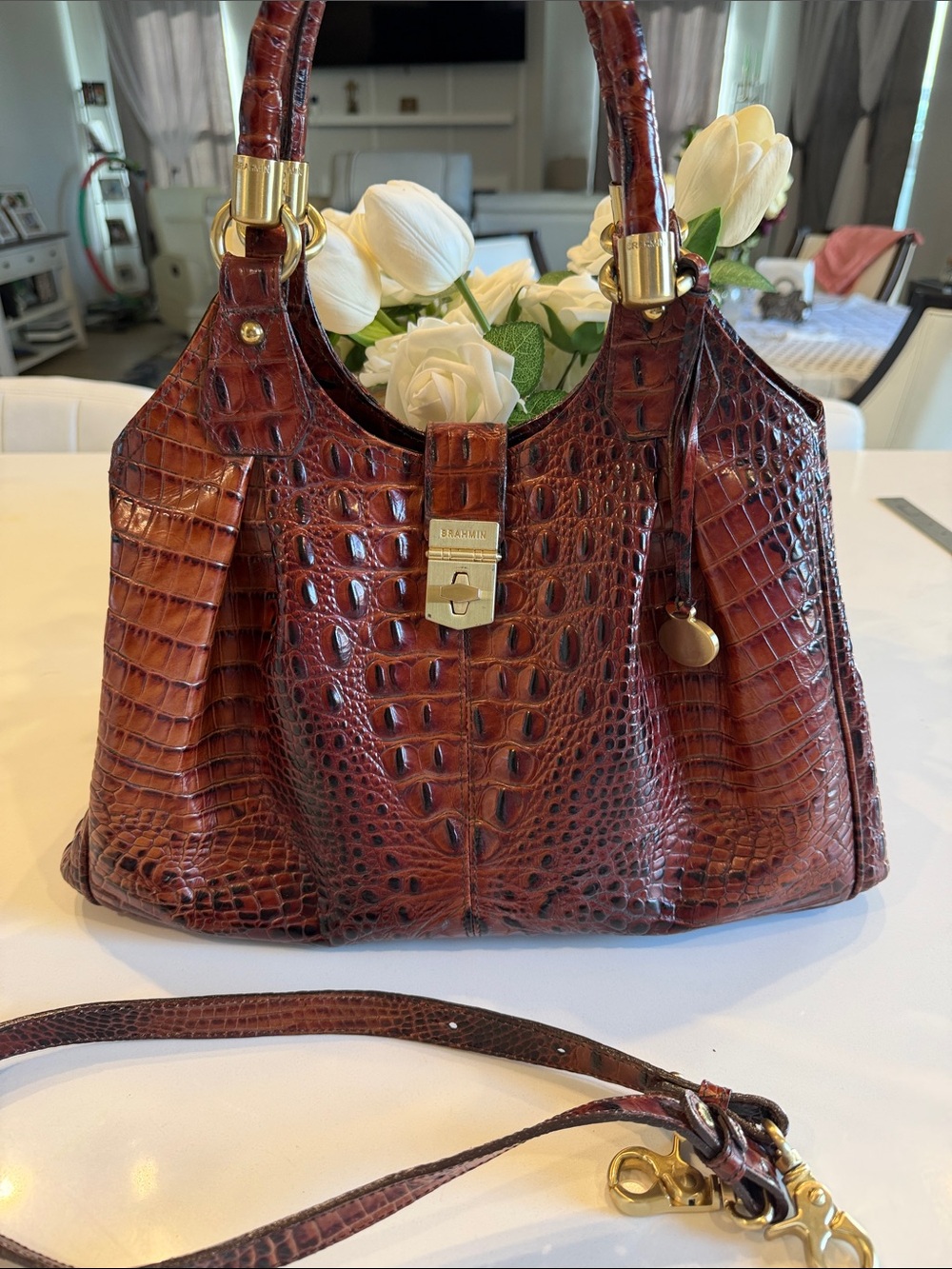 Brahmin Celia Pecan Croc-Embossed Shoulder Satchel in Rich Chestnut Brown